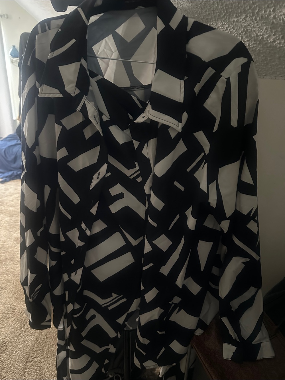 PrettyLittleThing Black & White Abstract Button-Down Shirt with pants to match